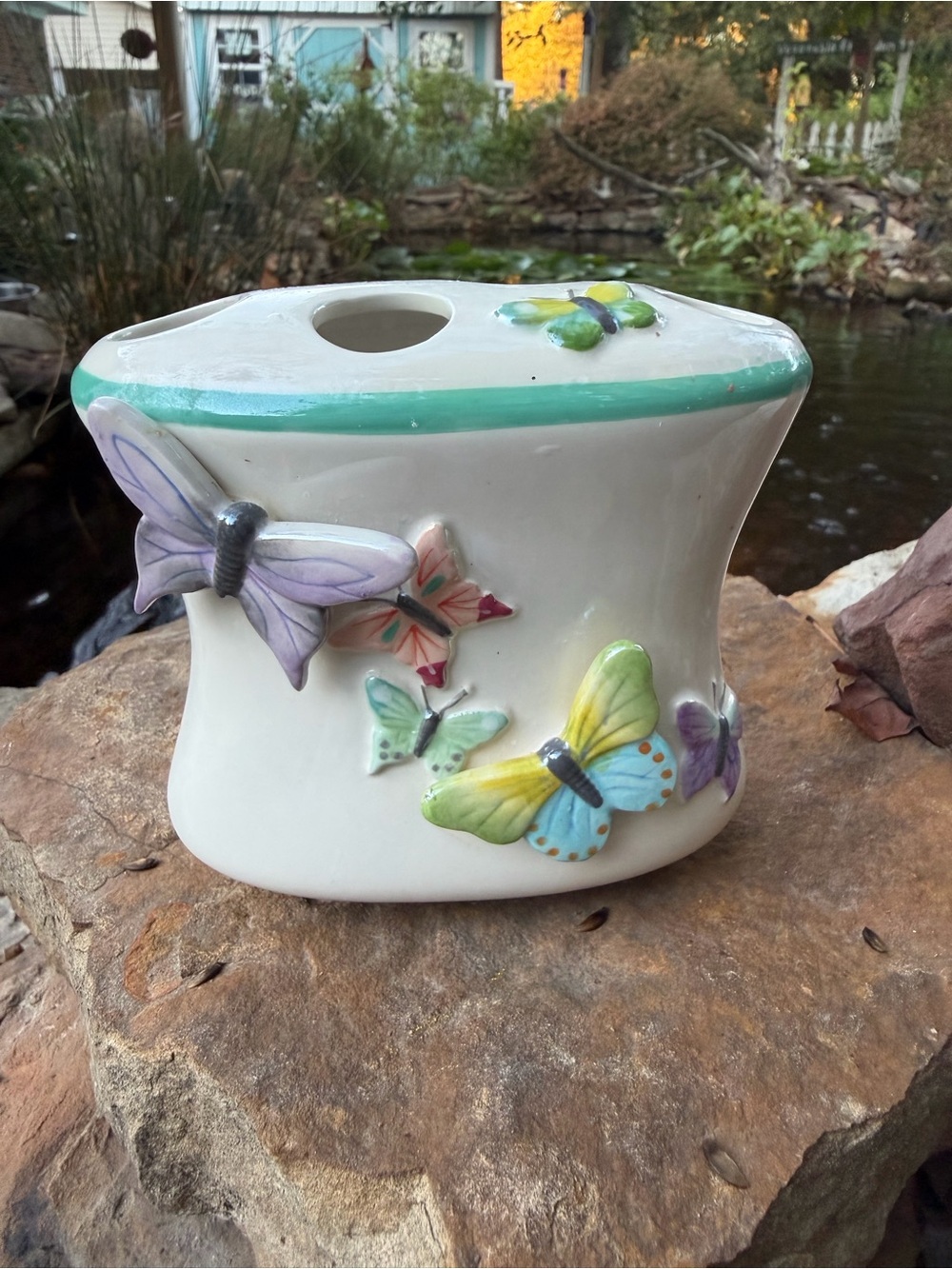 Butterfly Ceramic Toothbrush Holder - White with Pastel Butterflies